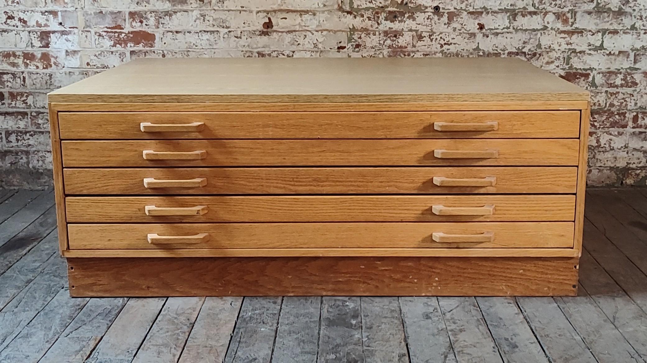 American Oak Flat File / Coffee Table with 5 Drawers For Sale