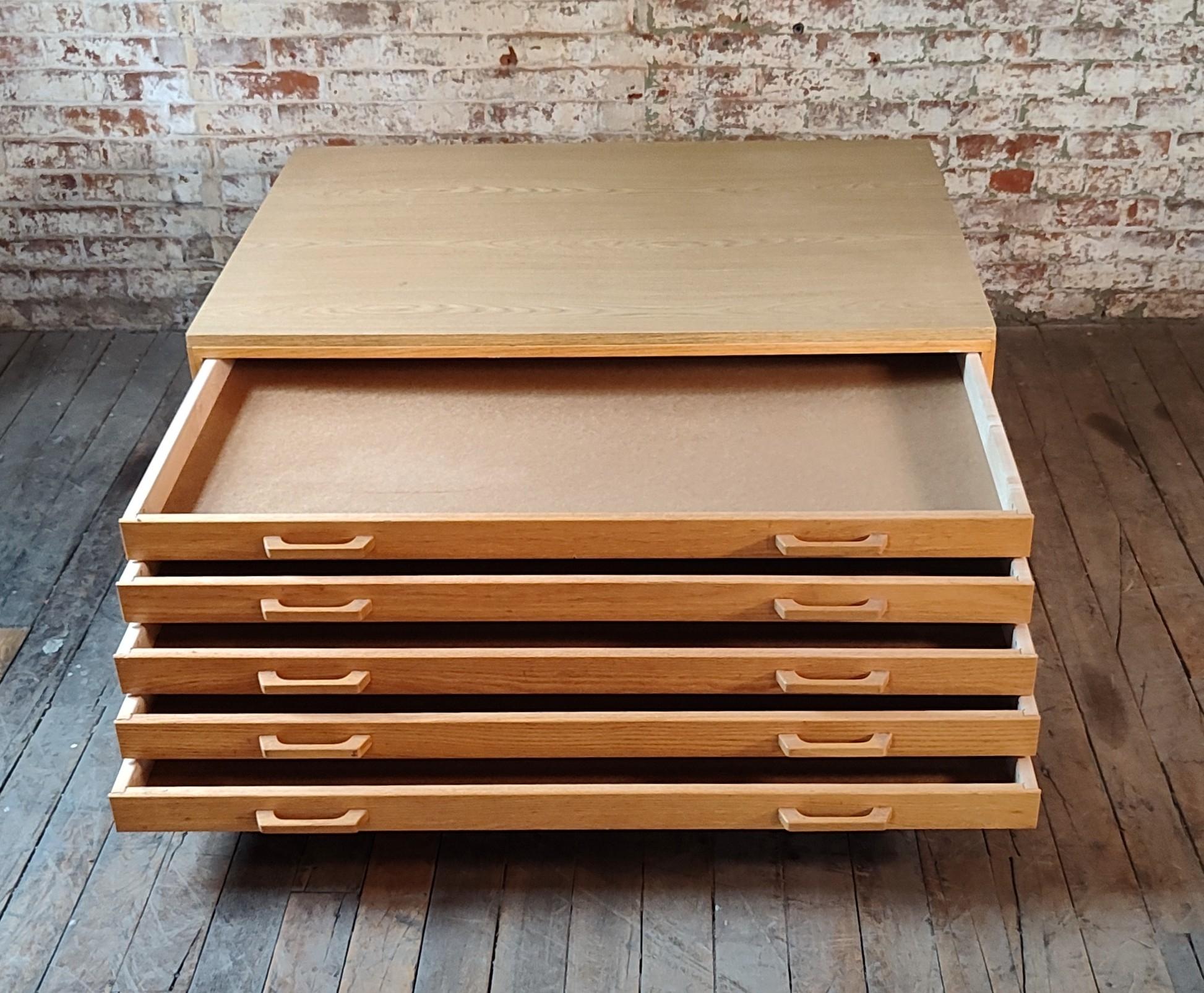20th Century Oak Flat File / Coffee Table with 5 Drawers For Sale