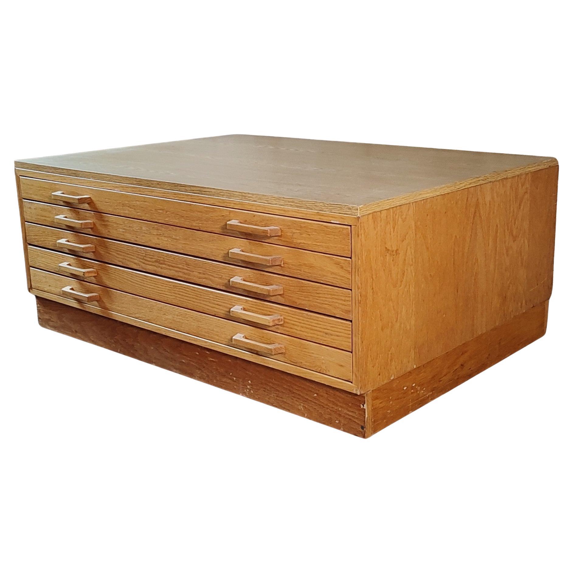 Oak Flat File / Coffee Table with 5 Drawers