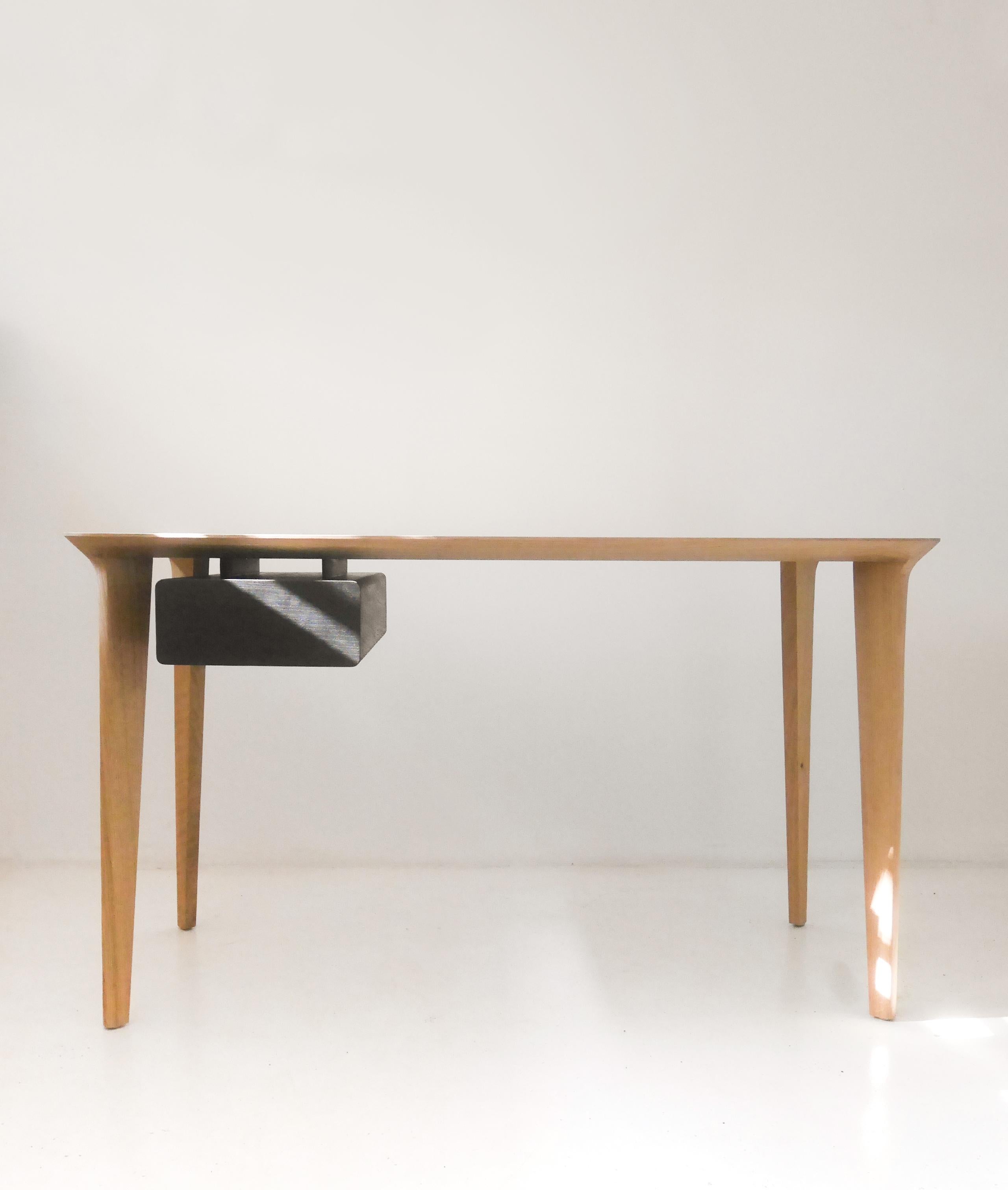 Oak floa drawer desk by Alexandre Labruyère.
Current Production.
Dimensions: W 140 x D 65 x H 75 cm.
Materials: oak, deep black wax, natural oil protection.

All furniture is made to order and made to measure. In line with its natural