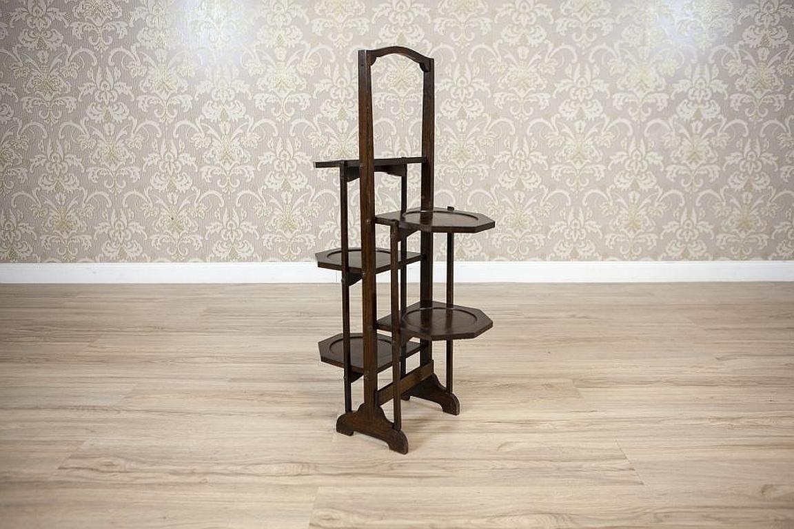 Oak Flower stand From the Late 20th century

We present you this oak flower stand from the 2nd half of the 20th century. It is composed of five shelves with round recesses and a handle, which makes it easier to move the whole around. 
The flower