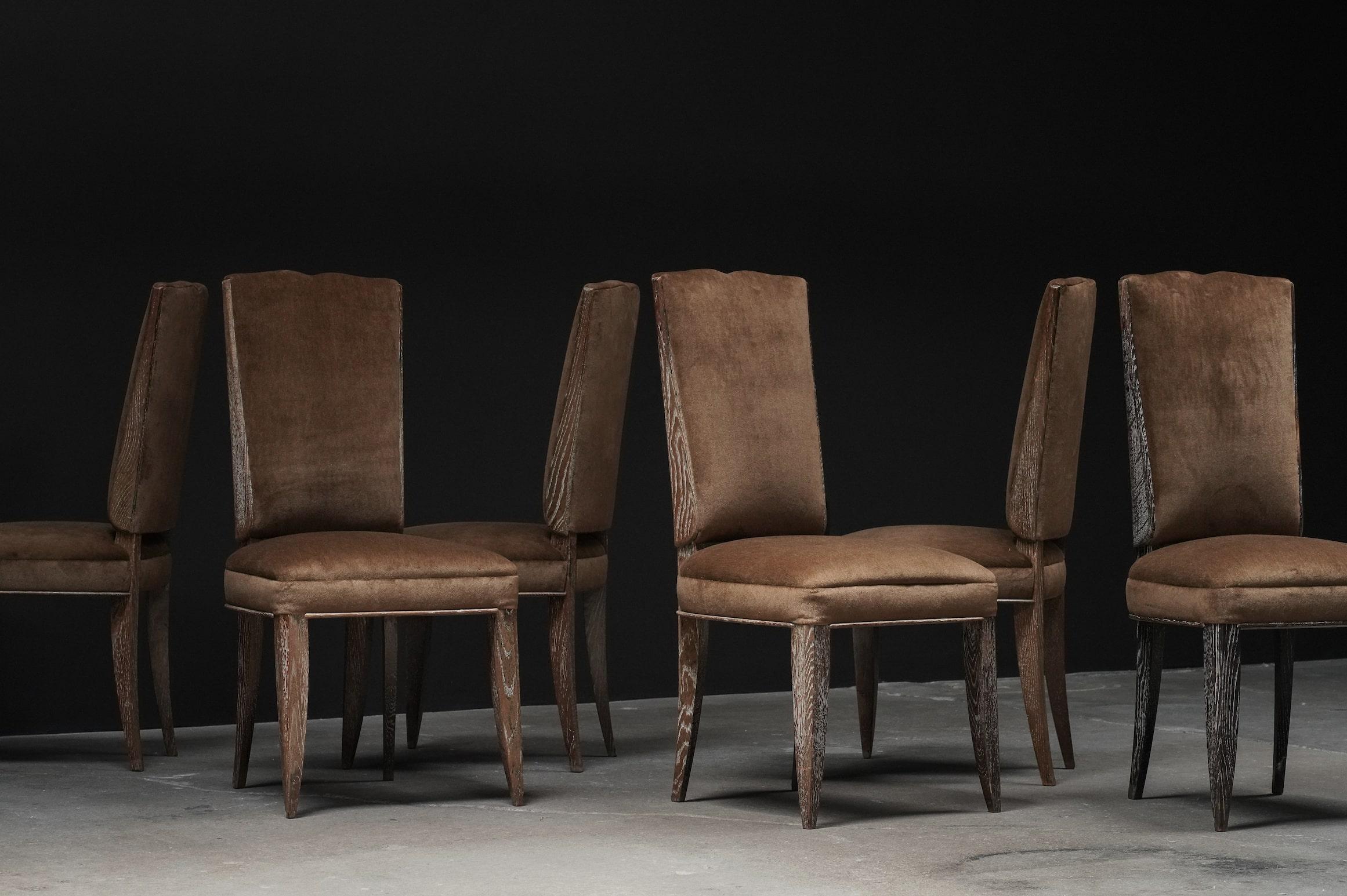 20th Century Oak Frame Dining chairs in Mohair, Set of 6, France	 For Sale