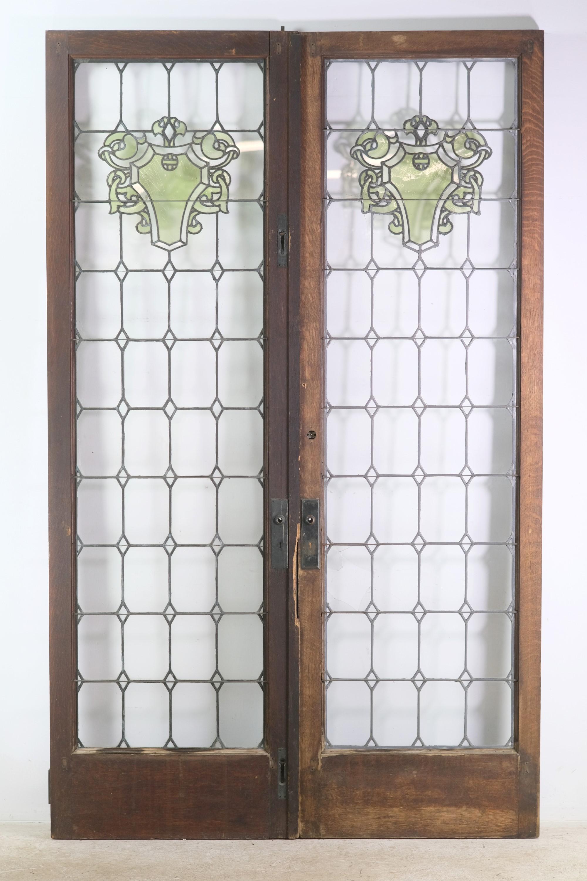 Oak Frame Leaded Glass Double Doors with Green Motif Design 4