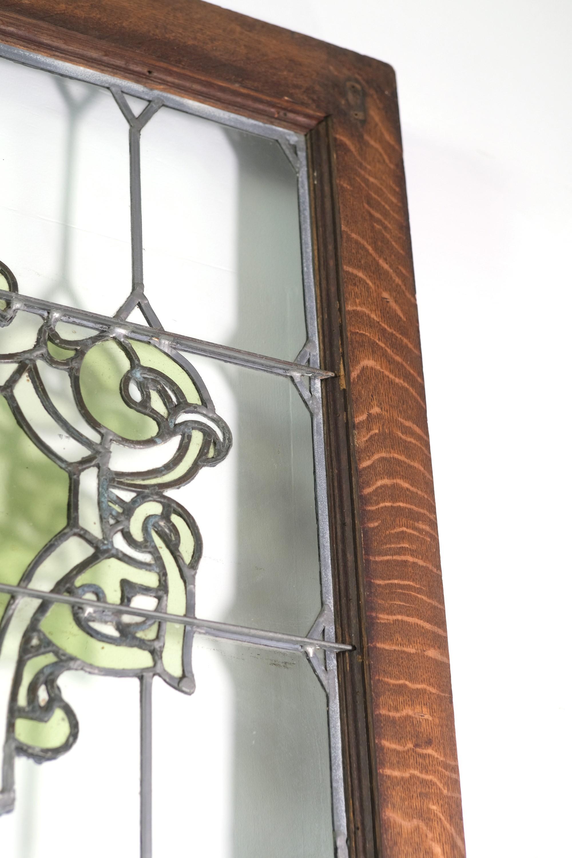 Oak Frame Leaded Glass Double Doors with Green Motif Design 8