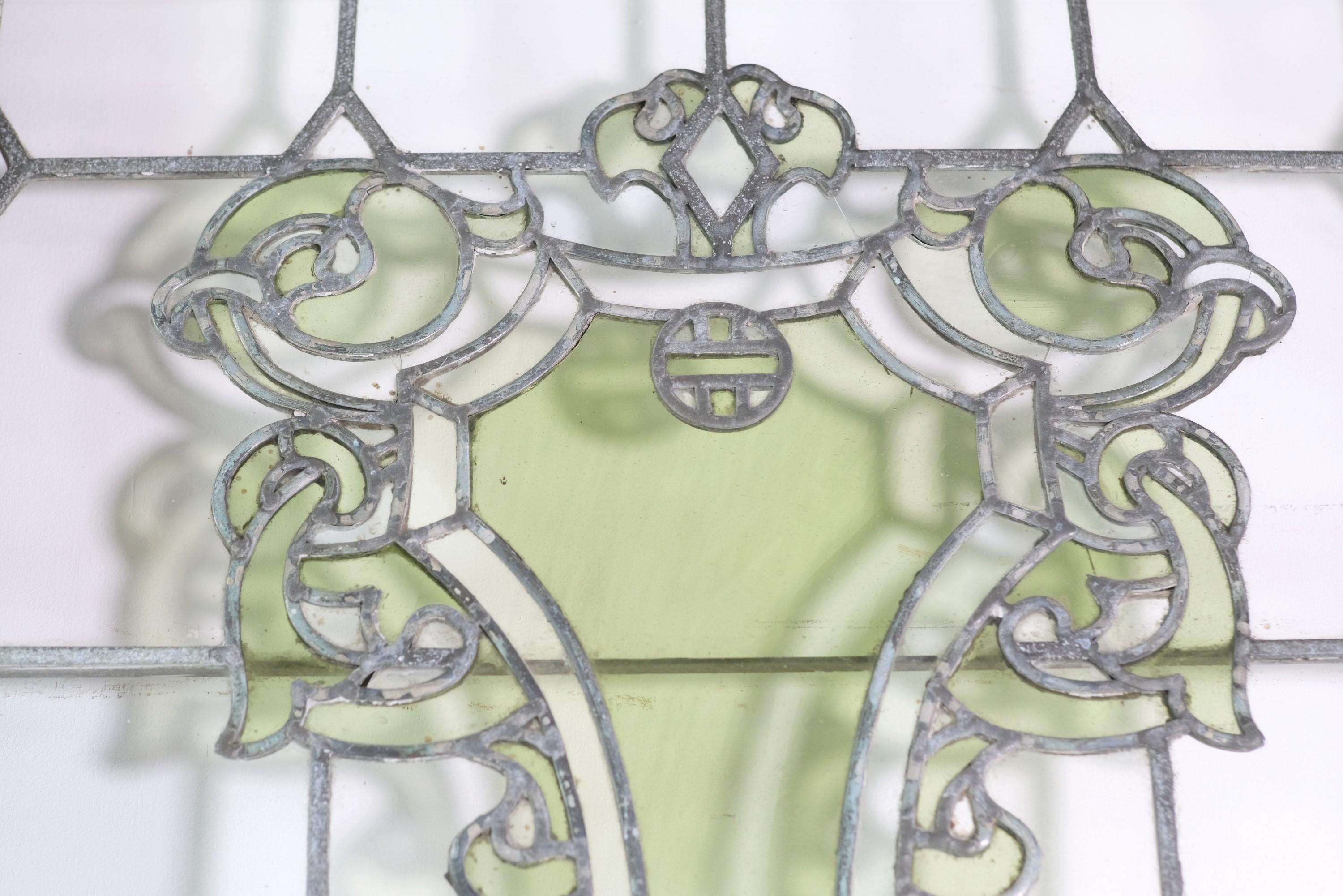 Victorian Oak Frame Leaded Glass Double Doors with Green Motif Design