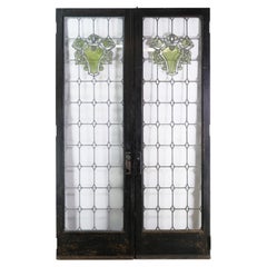 Oak Frame Leaded Glass Double Doors with Green Motif Design