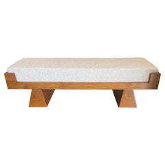 Oak Framed Boucle Upholstered Bench, Italy, Mid Century