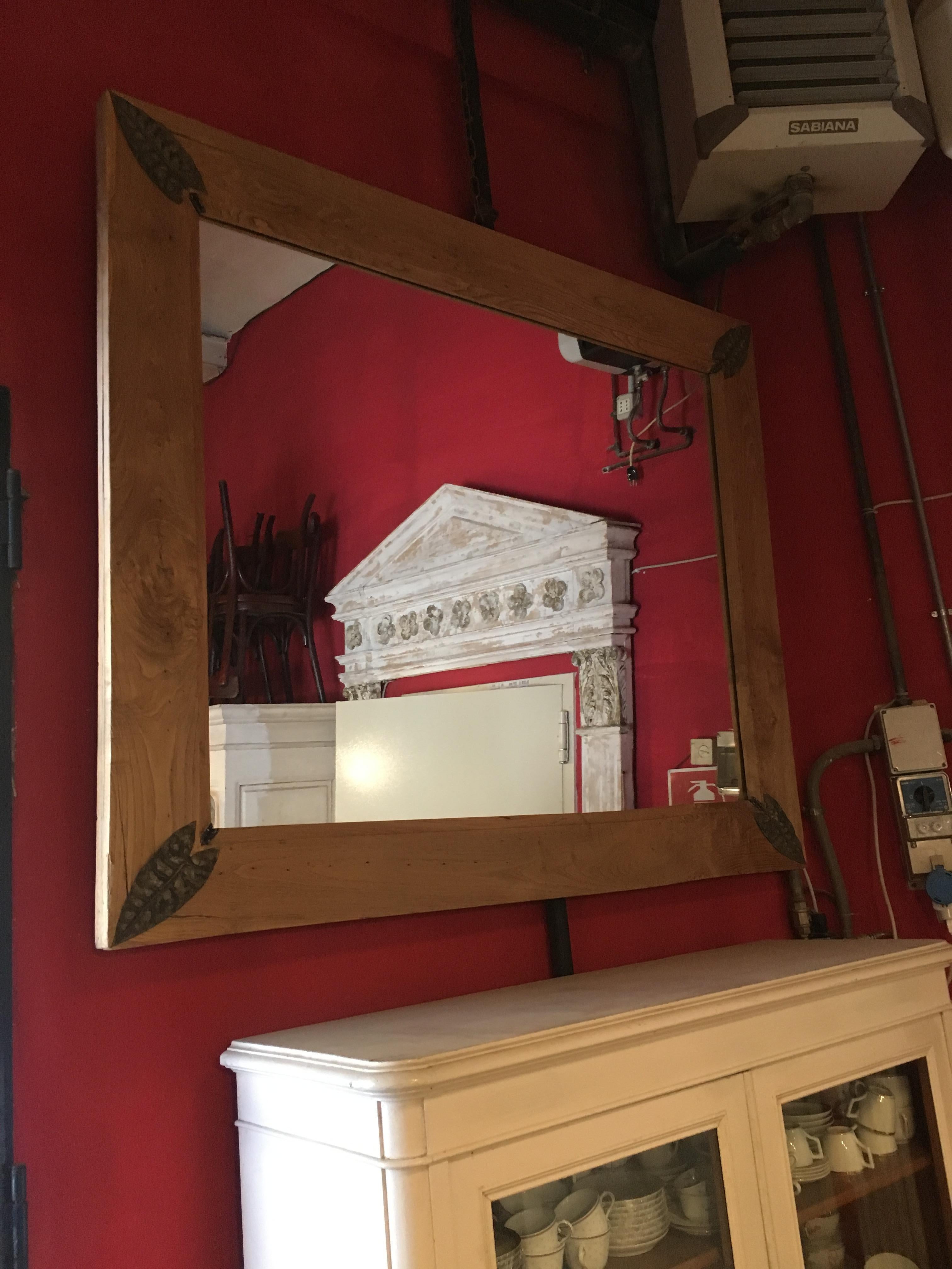 Oak Framed French Mirror with Metal Leaf Decorations from 1910s For Sale 2