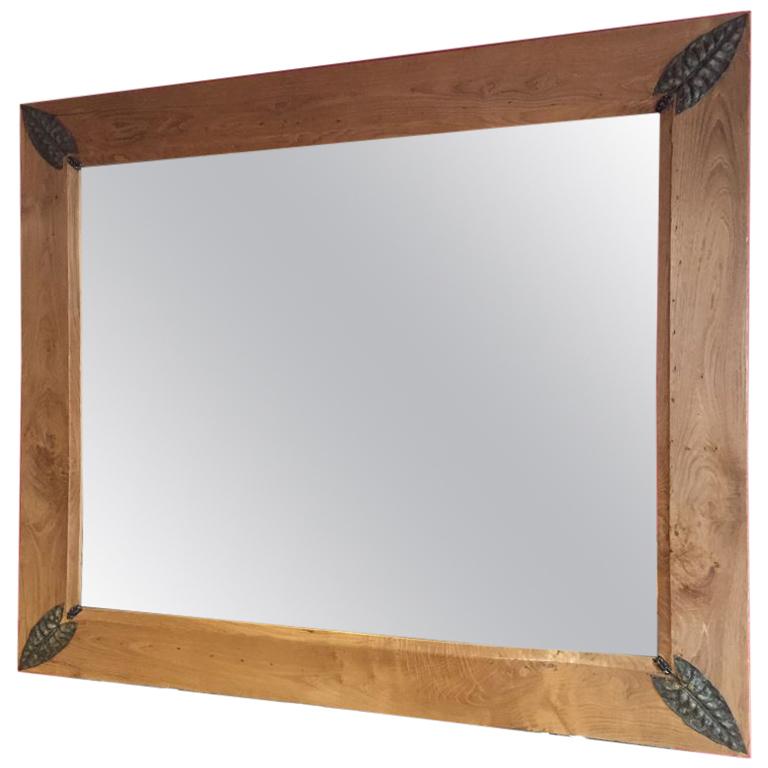 Oak Framed French Mirror with Metal Leaf Decorations from 1910s For Sale