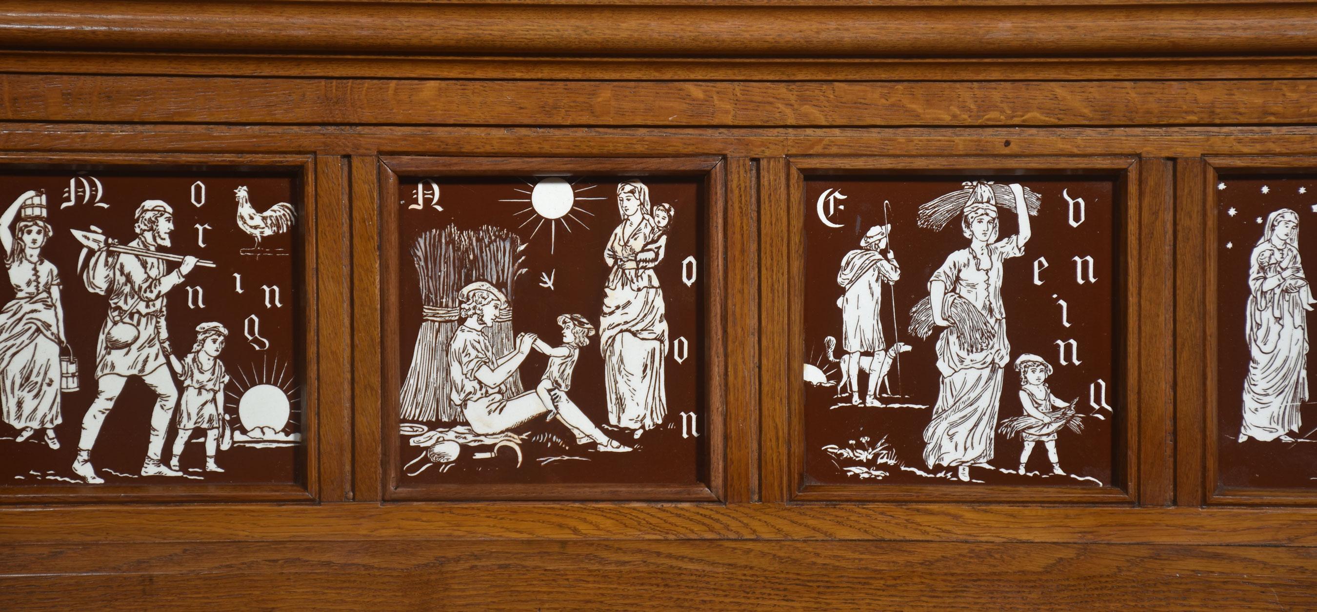 Set of four Minton holies tiles depicting Morning, Noon, Evening and night. Encased in solid oak frame.
Dimensions
Height 16.5 Inches
Width 72.5 Inches
Depth 4 Inches