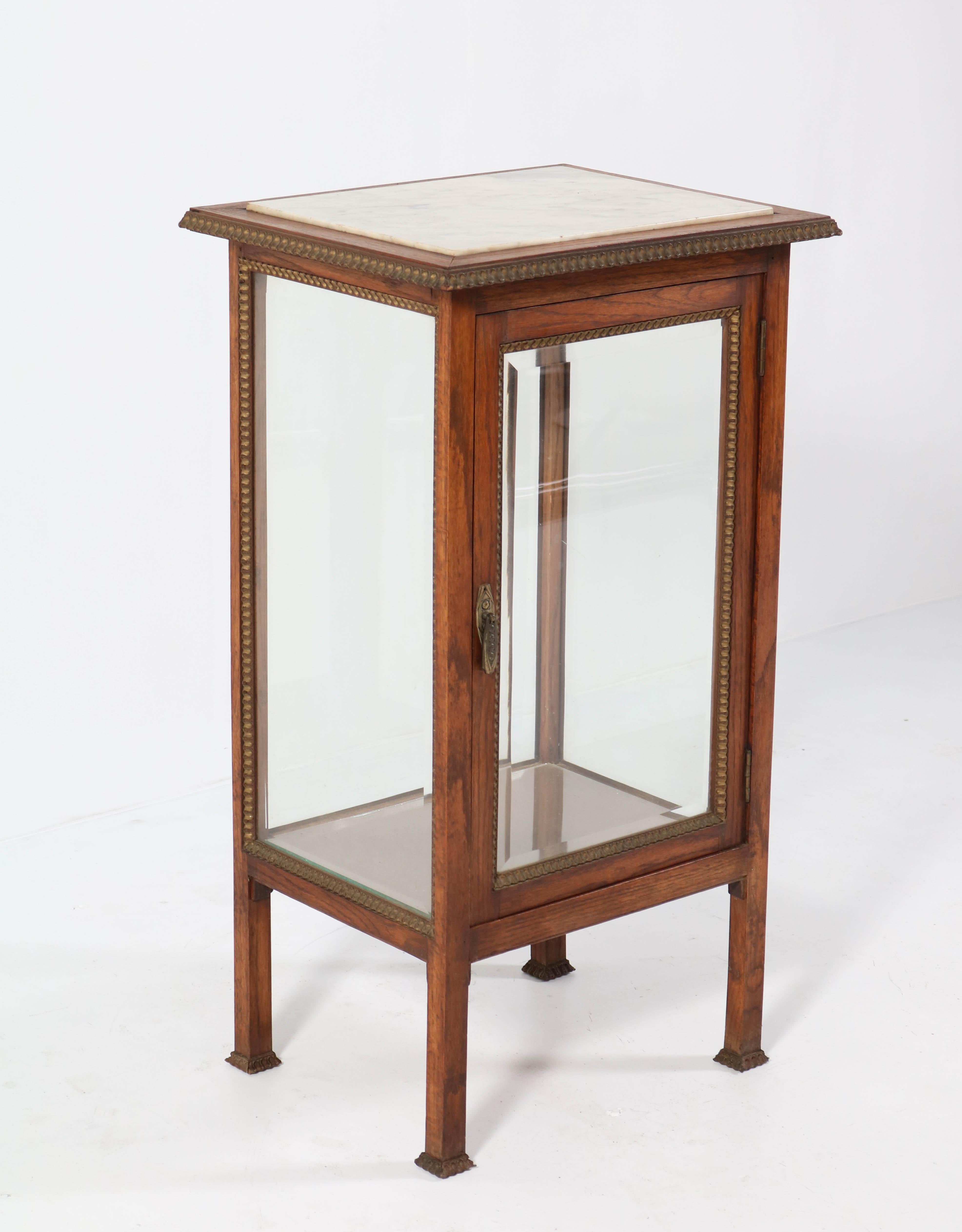 Marble Oak French Art Deco Display Cabinet with Beveled Glass, 1930s For Sale