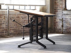 Oak French Industrial Drafting Table Desk Tilt  Steel Base