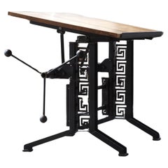 Oak French Industrial Drafting Table Desk Tilt  Steel Base