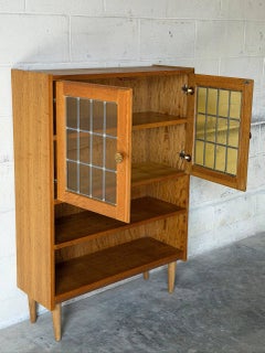 Oak Glass Cabinet with Leaded Doors Danish Mid-Century Modern 1960s