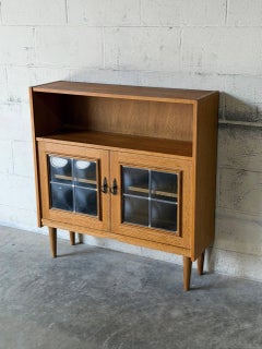 Oak Glass Cabinet with Leaded Doors Danish Mid-Century Modern 1960s