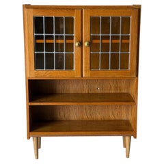 Oak Glass Cabinet with Leaded Doors Danish Mid-Century Modern 1960s