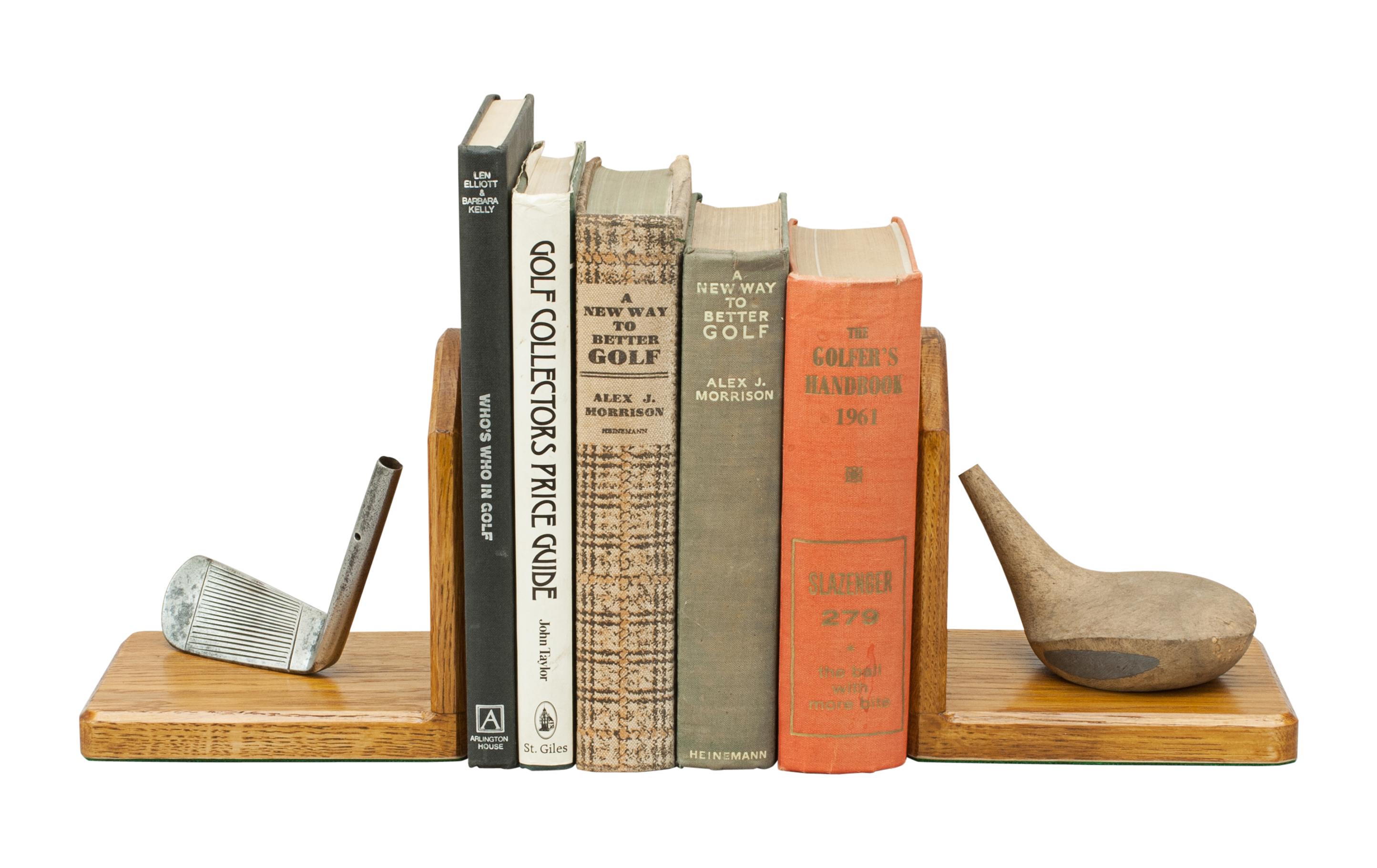 Robert Simpson Bookends, Jigger & Wood.
A pair of bookends hand crafted from high quality traditional materials with original 1940's club heads. The heads came from the Carnoustie workshop of Robert Simpson when it closed down and have been mounted