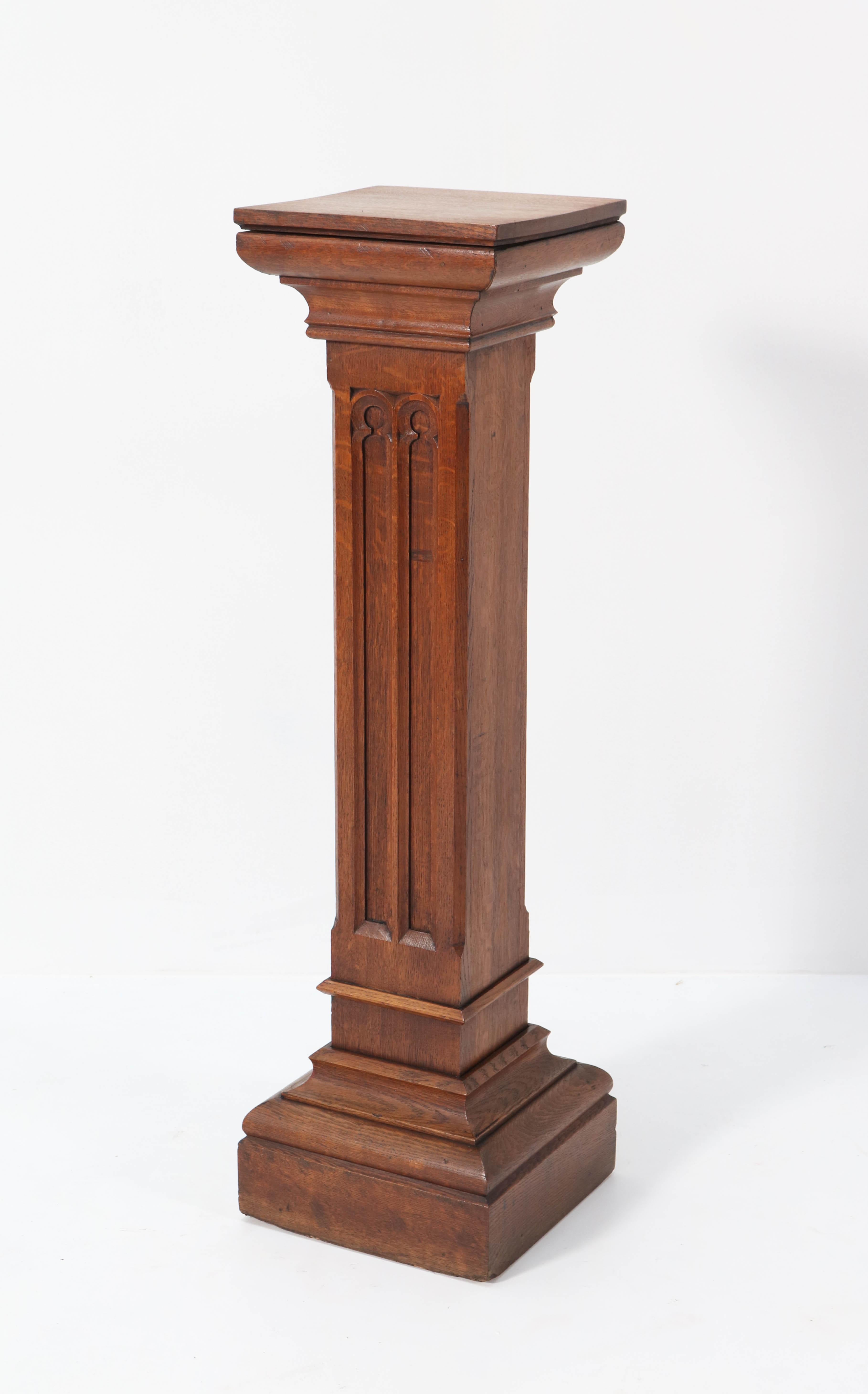 Dutch Oak Gothic Revival Carved Pedestal, 1900s