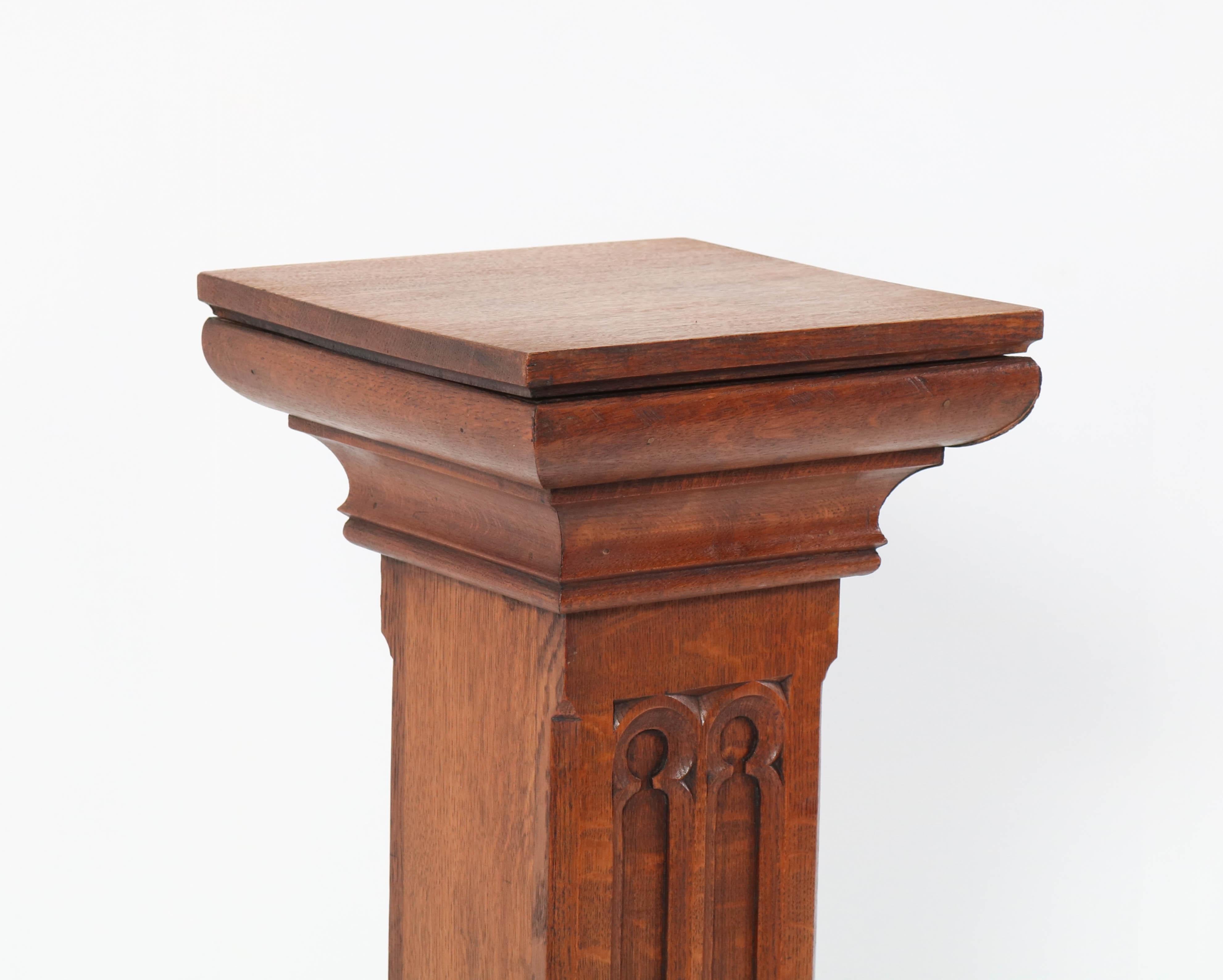 Oak Gothic Revival Carved Pedestal, 1900s 2