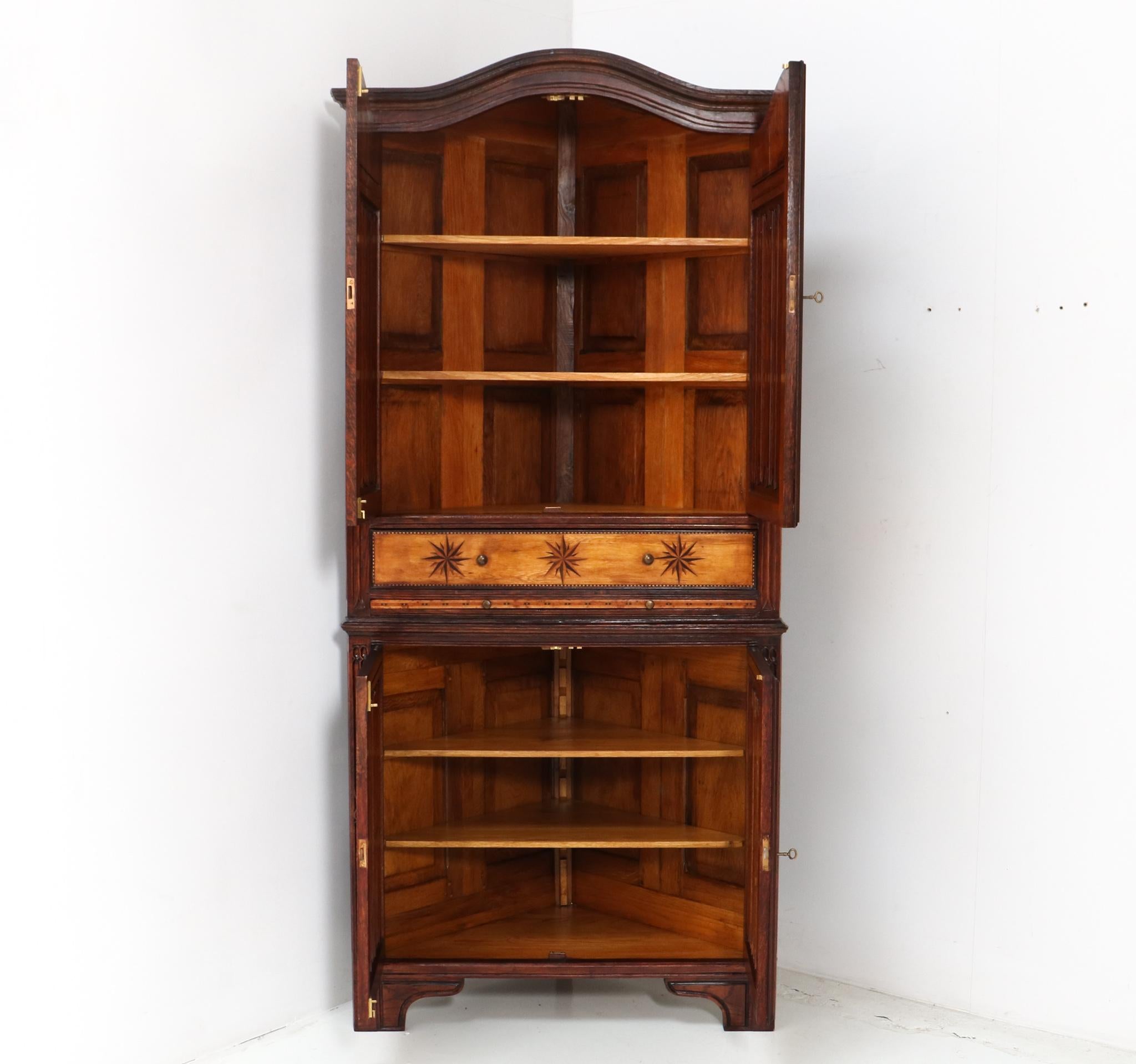 Mid-20th Century Oak Gothic Revival Corner Cupboard, 1960s For Sale