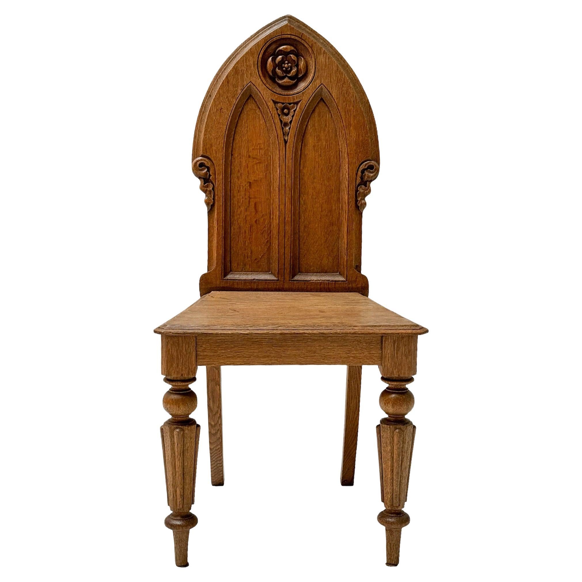 Oak Gothic Revival Hand-Carved Side Chair, 1930s