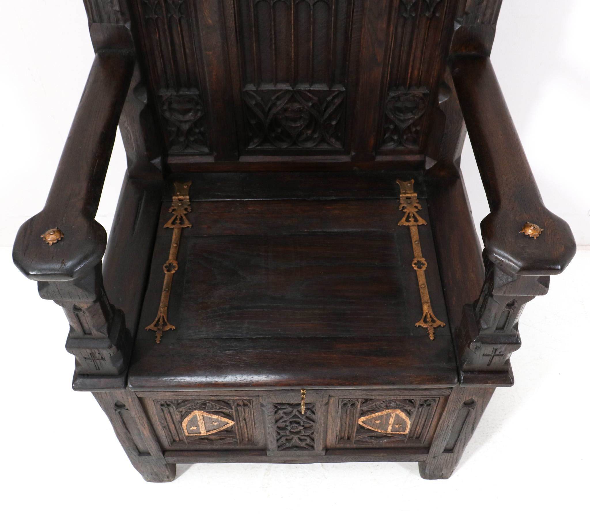 Oak Gothic Revival Hand-Carved Throne Chair, 1900s 5