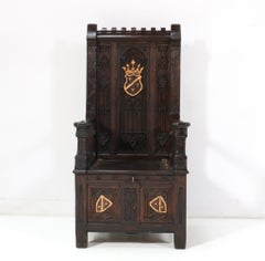 Oak Gothic Revival Hand-Carved Throne Chair, 1900s