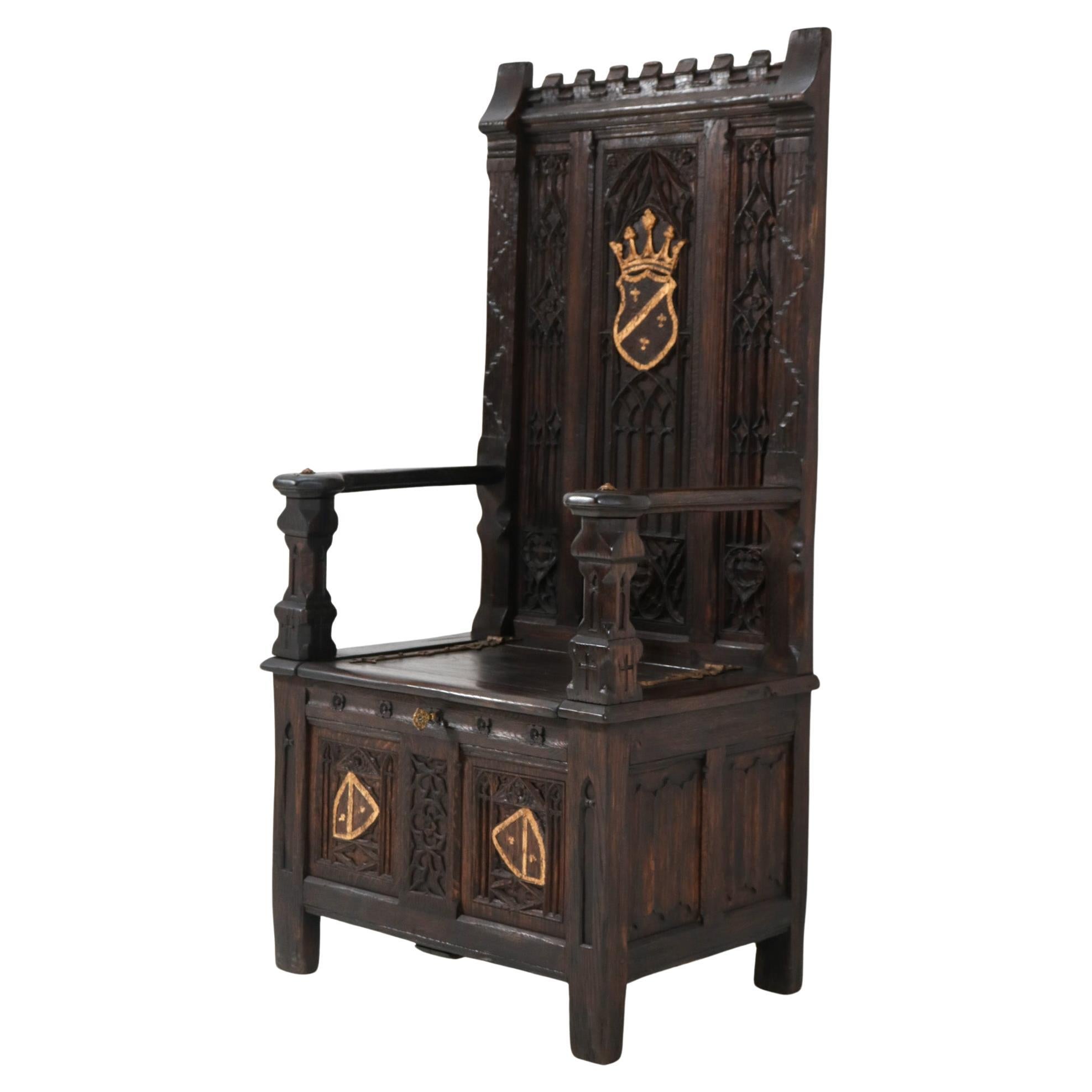 Oak Gothic Revival Hand-Carved Throne Chair, 1900s