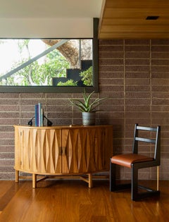 Lawson-Fenning Griffin Console, Oak Parquet & Brass, Modern Demilune Entry Table