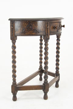 Oak Hall Table, Demilune Table, Barley Twist, Half Moon Table, 1920, B1209