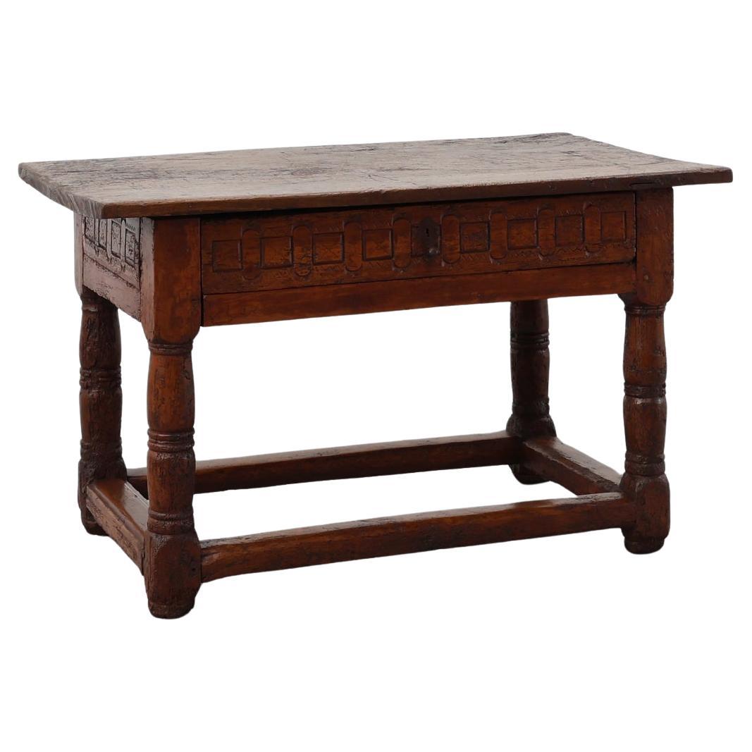 Oak hand-carved side table in wabi wabi style, Spain, 17th Century For Sale