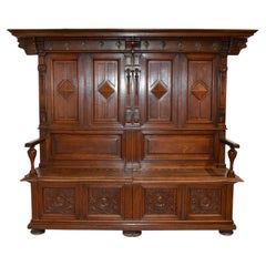 Oak High Back Bench with Storage and Coat Rack, circa 1900