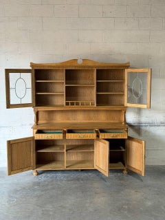 Oak High Sideboard Credenza with glass doors Vintage 1960s