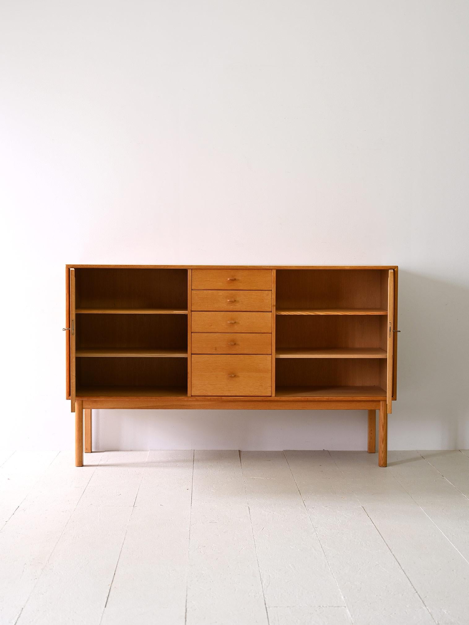 Scandinavian Modern Oak highboard with center drawers For Sale