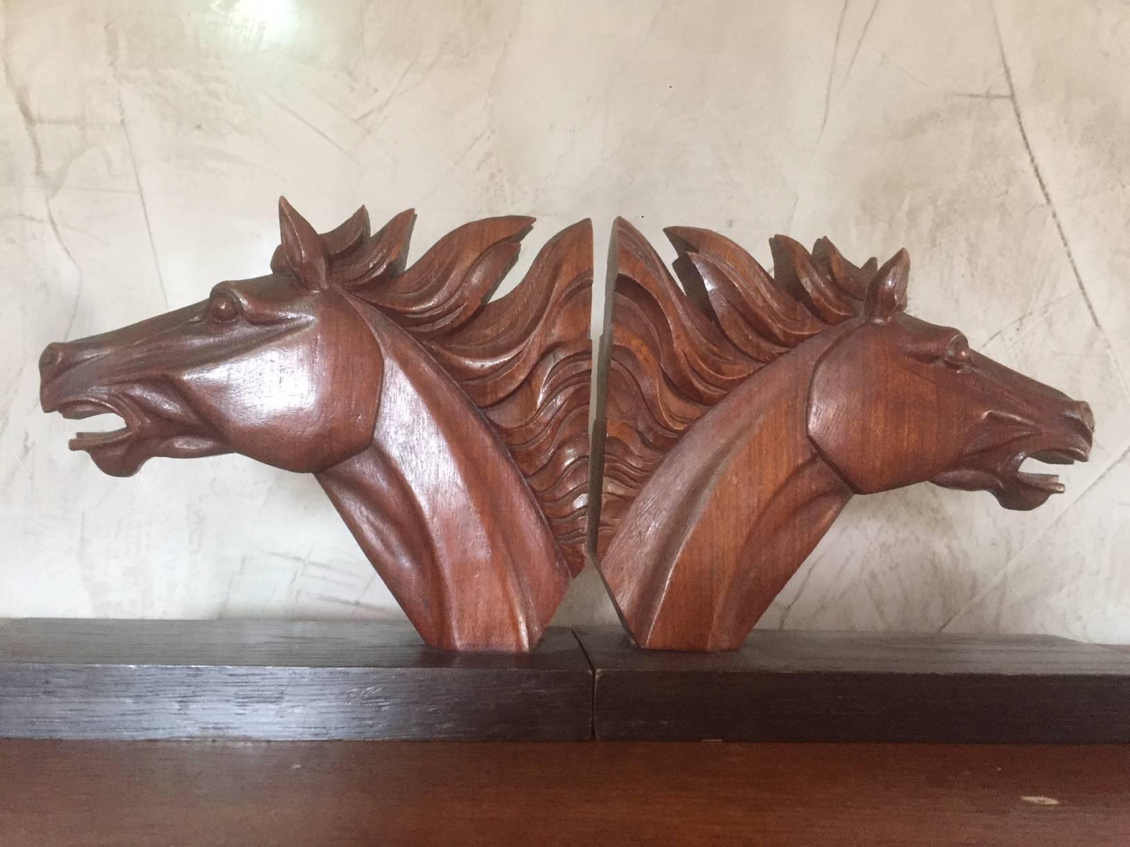French Oak Horses Head Bookend, 1950s