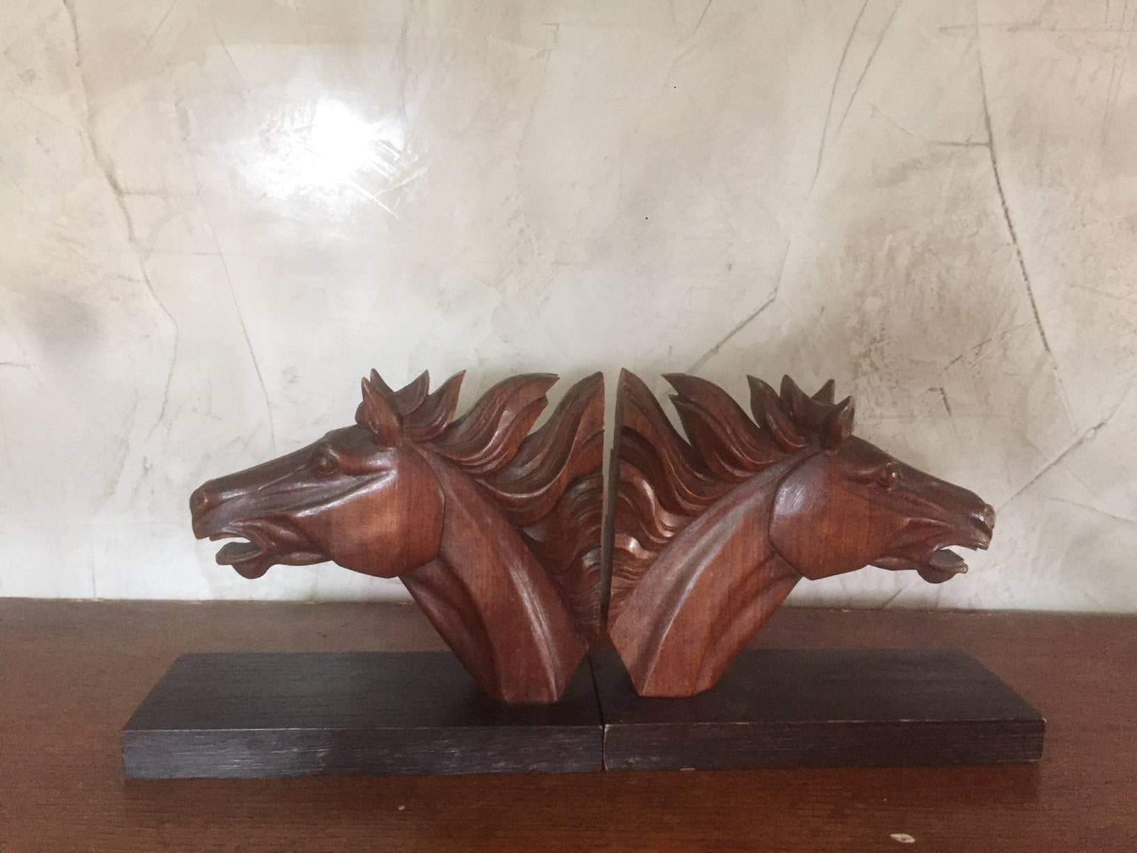 Carved Oak Horses Head Bookend, 1950s