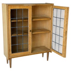 Oak Leaded Glass 2-Door Bookcase Vintage Mid-Century Modern 1970s