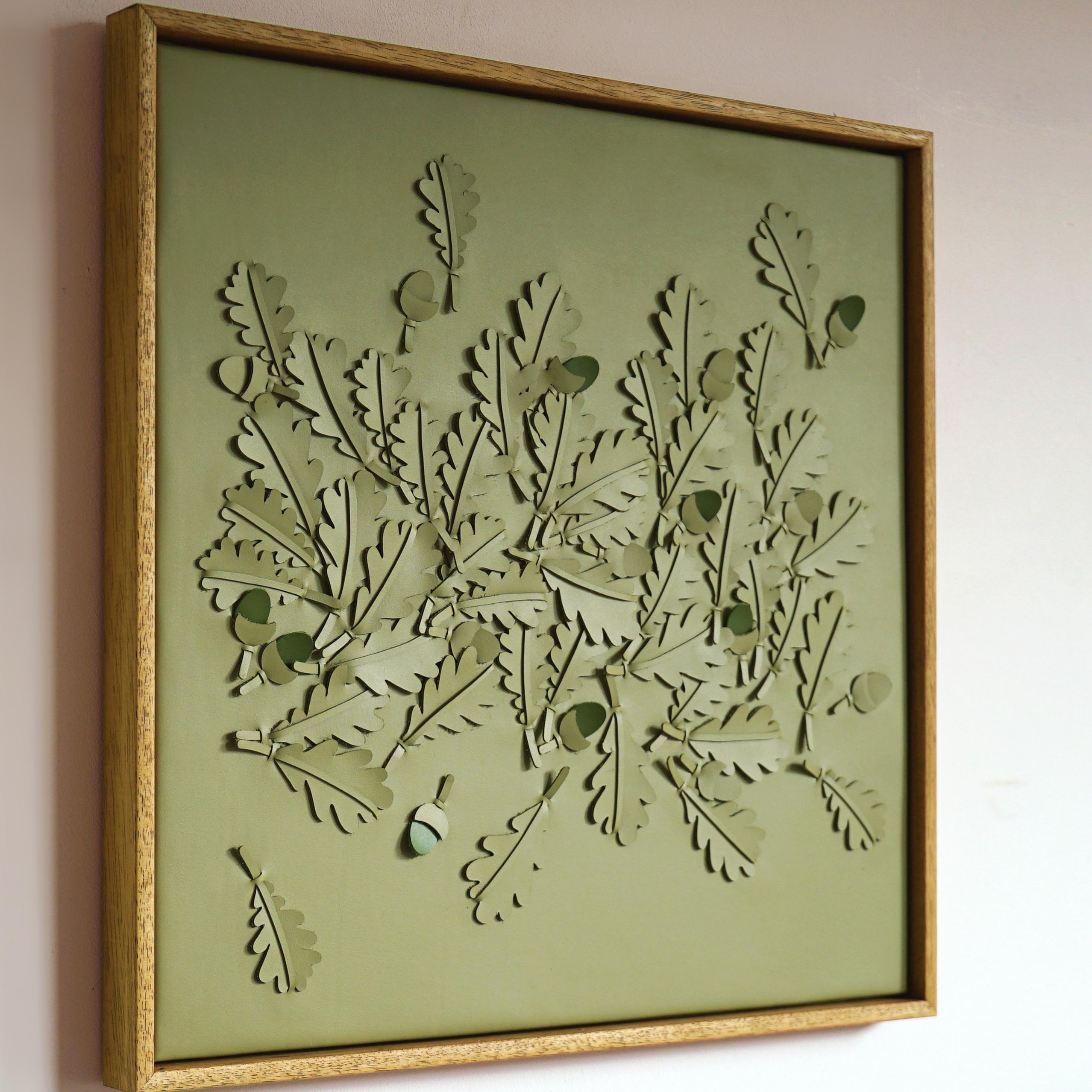 Modern Oak leaf. A piece of 3D Sculptural Green Leather Wall Art For Sale
