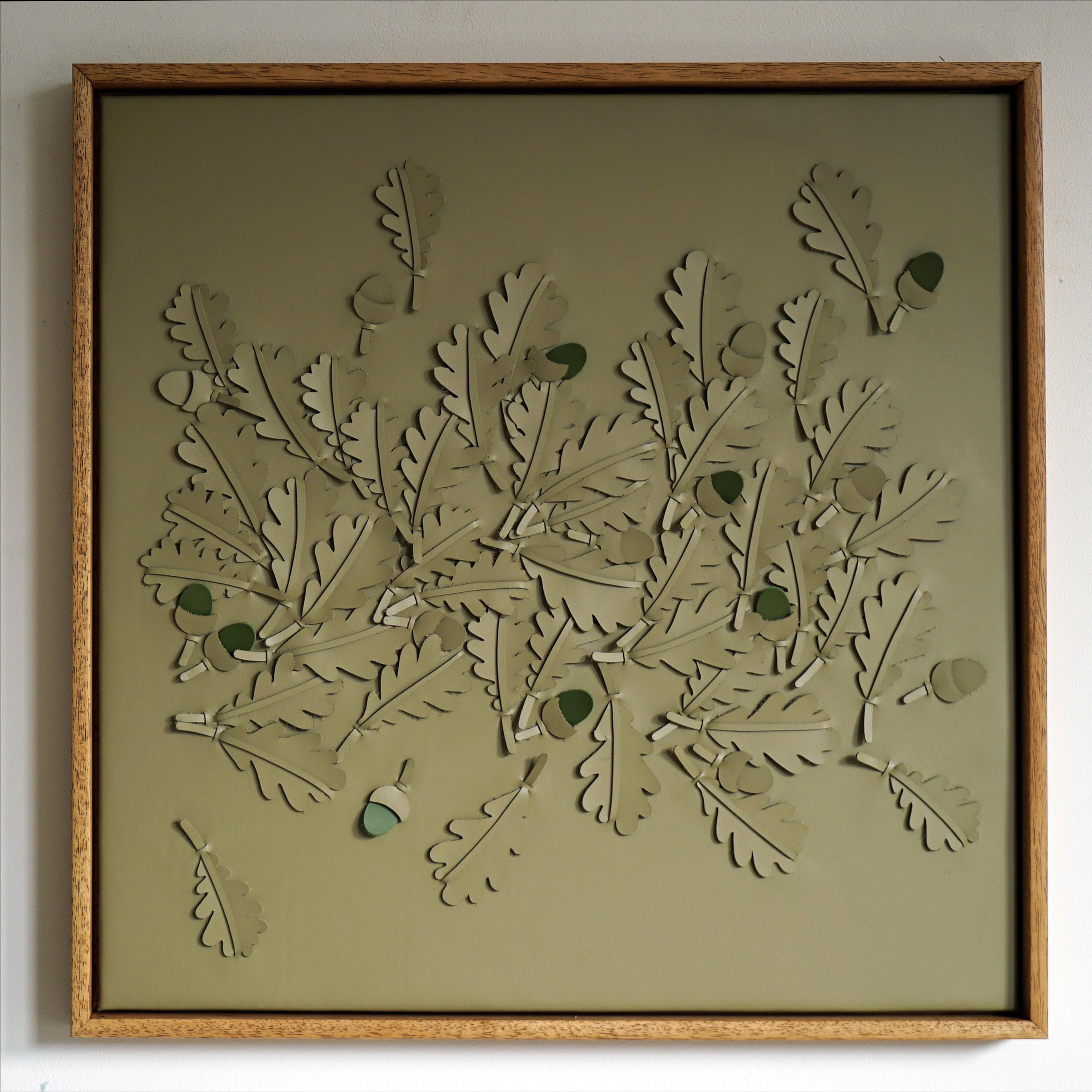 British Oak leaf. A piece of 3D Sculptural Green Leather Wall Art For Sale