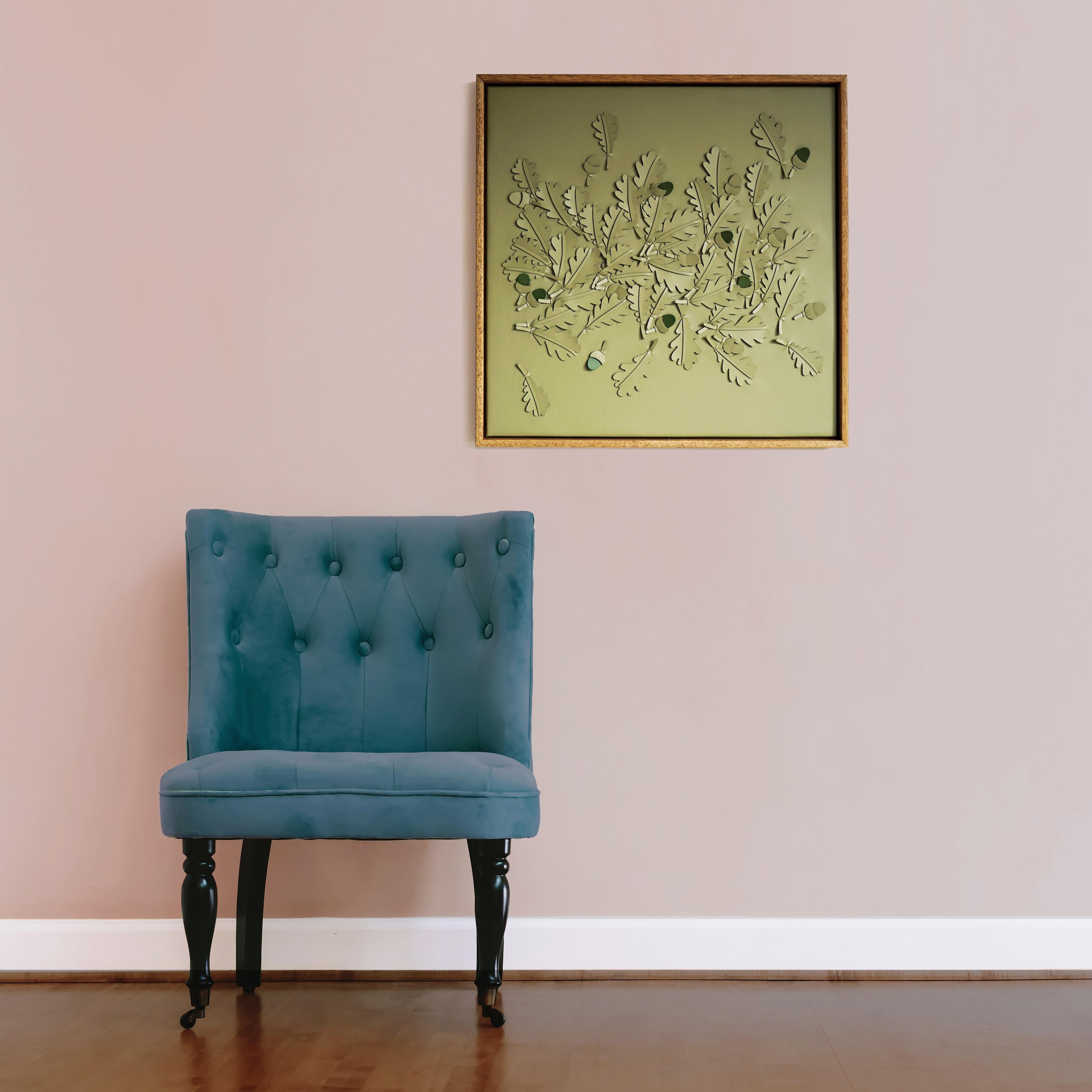 Hand-Crafted Oak leaf. A piece of 3D Sculptural Green Leather Wall Art For Sale