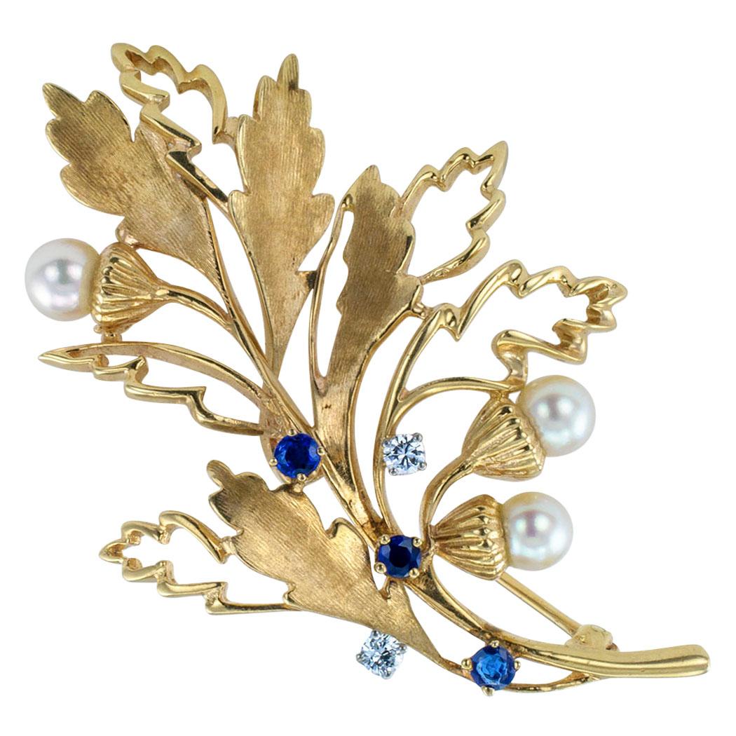 Oak Leaf Diamond Sapphire Pearl Gold Brooch In Excellent Condition In Los Angeles, CA