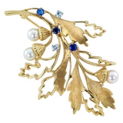 Oak Leaf Diamond Sapphire Pearl Gold Brooch