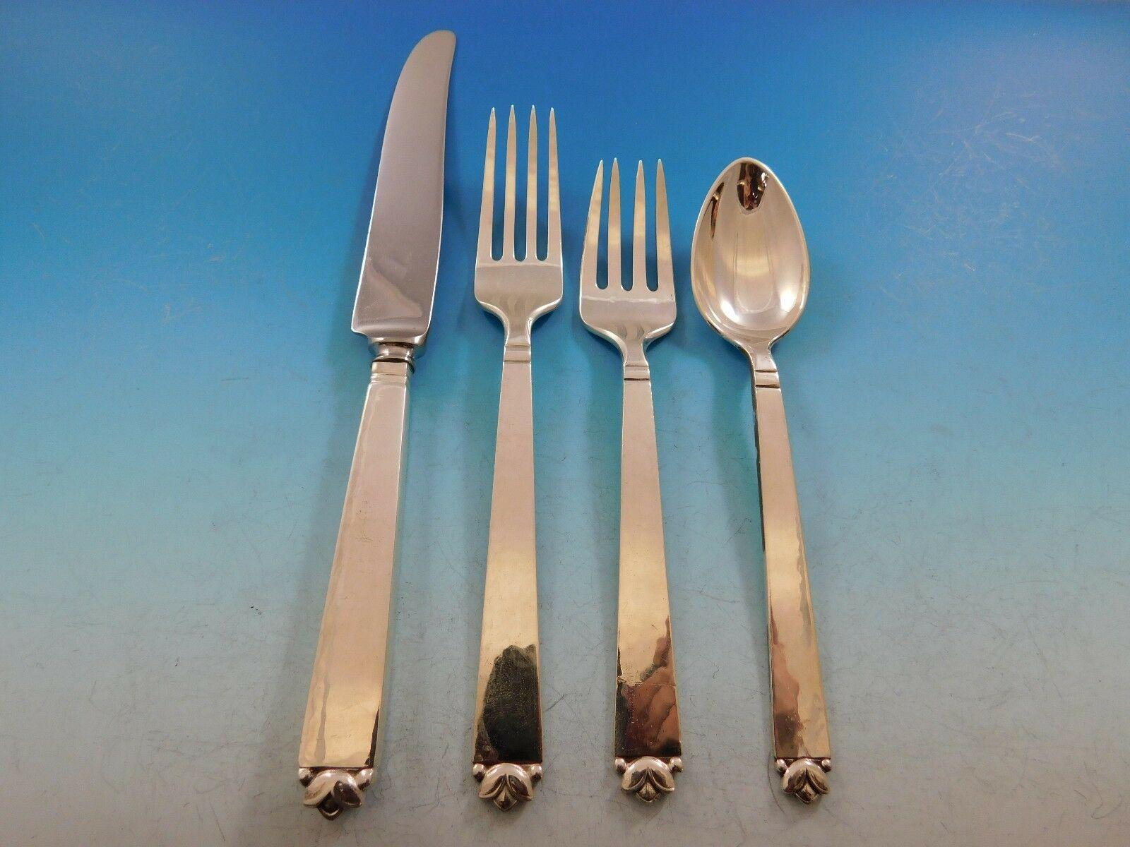 Oak leaf by Old Newbury crafters sterling silver flatware set, 59 pieces. This set is handmade and features the stamp of high-end Buffalo, NY retailer 