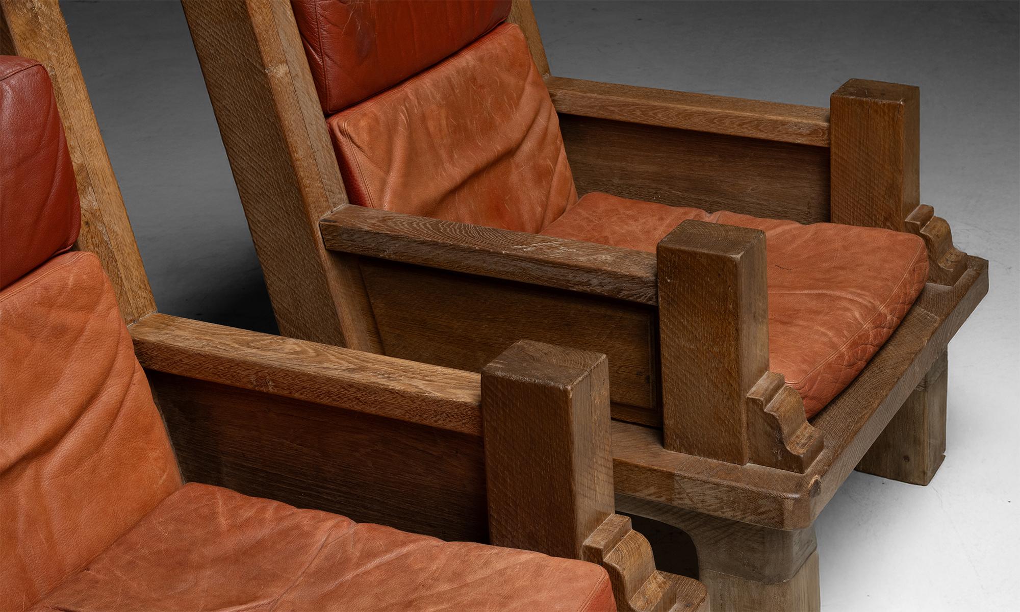 Oak & Leather Armchairs, France 1970 4