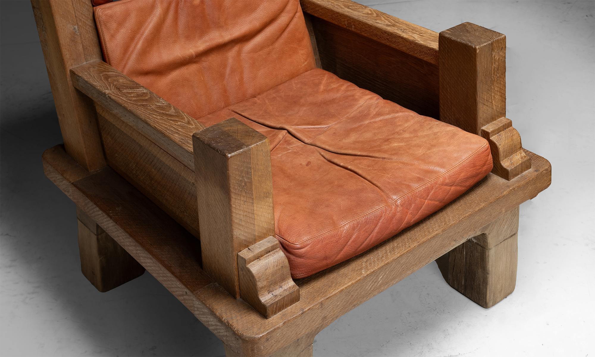 Modern Oak & Leather Armchairs, France 1970