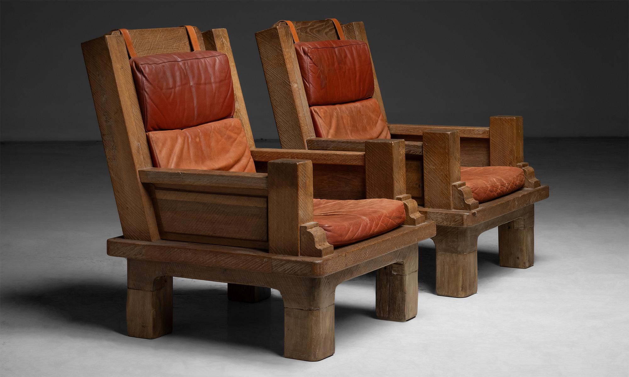 Oak & Leather Armchairs, France 1970 In Distressed Condition In Culver City, CA