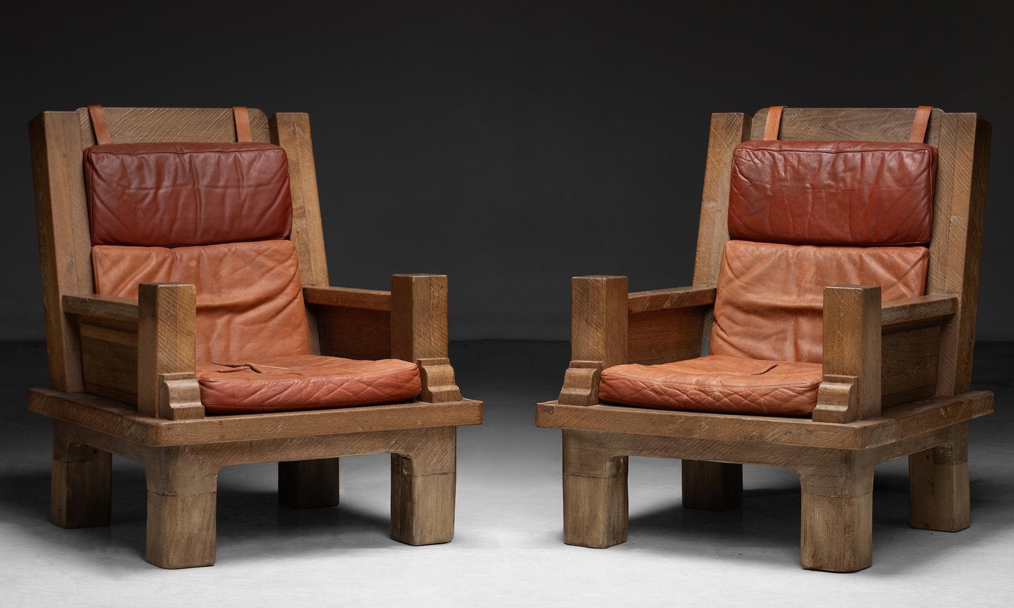 Late 20th Century Oak & Leather Armchairs, France 1970