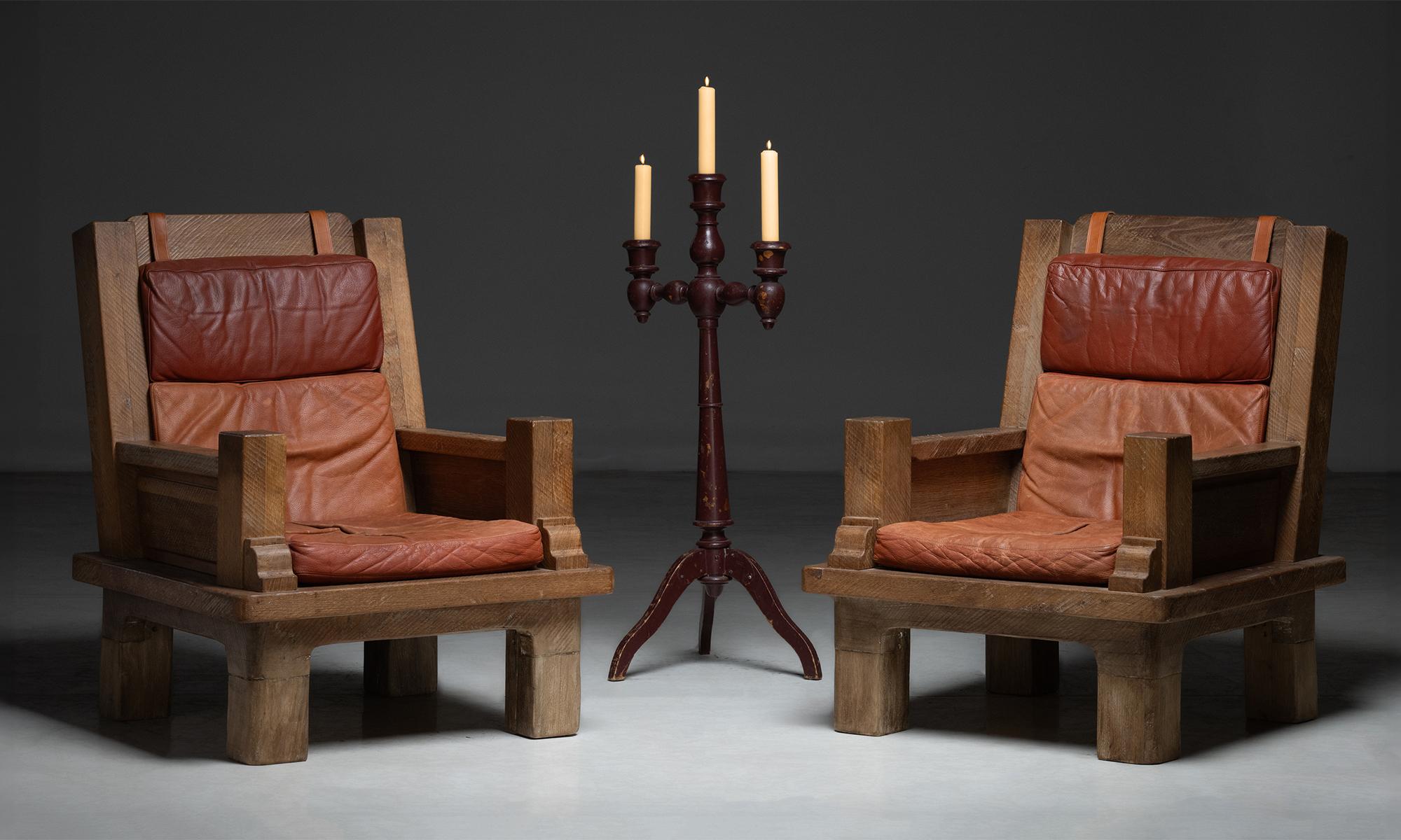 Oak & Leather Armchairs, France 1970 3