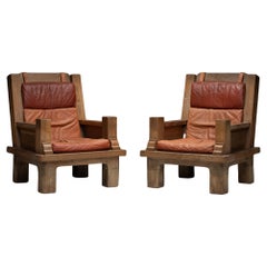 Oak & Leather Armchairs, France 1970