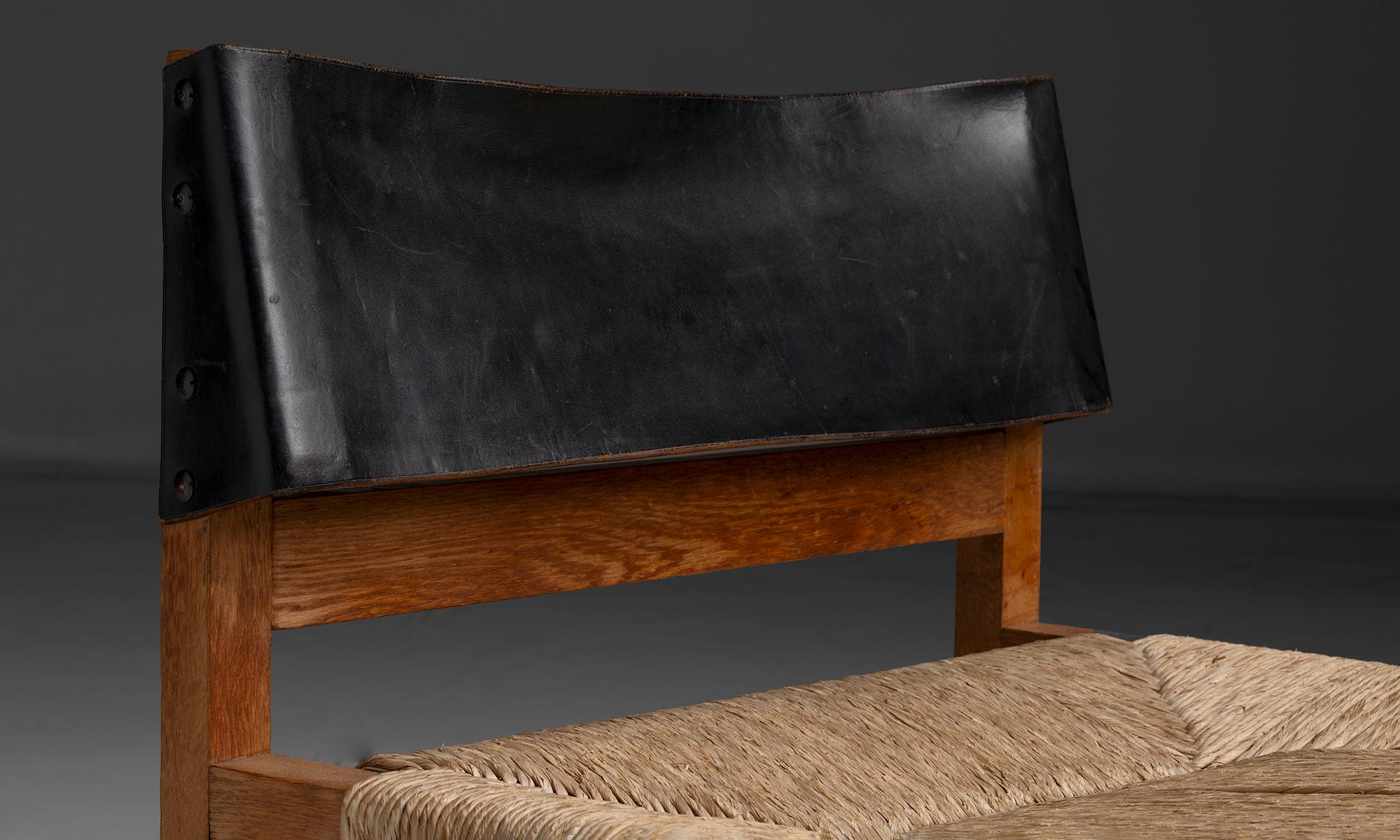 Rush Oak & Leather Chairs by Gregorio Vicente Cortes, Spain circa 1963 For Sale